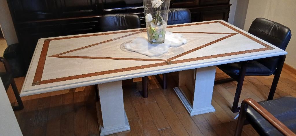 Table en travertin en pierre naturelle avec marqueterie, Maison & Meubles, Klassiek, Enlèvement, Utilisé, 200 cm ou plus
