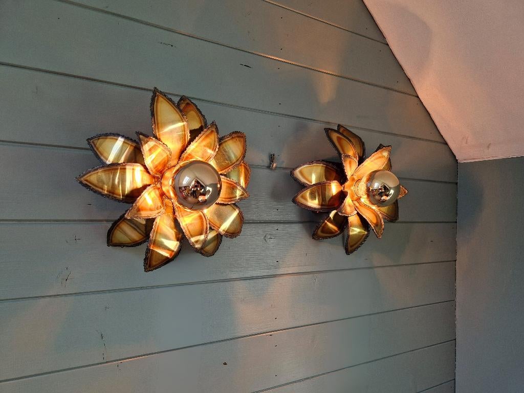 Paar koperen wandkandelaars, Maison Jansen, 1970, Antiek en Kunst, Antiek | Verlichting, Ophalen of Verzenden