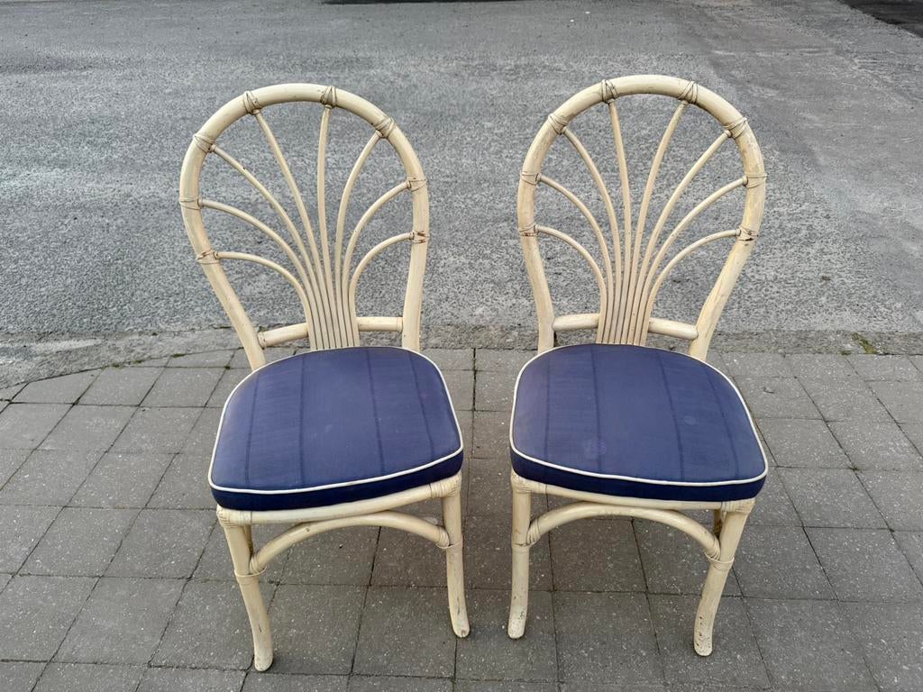 Vintage stoelen van bamboe en rotan met gestoffeerde zitting, Huis en Inrichting, Stoelen, Ophalen