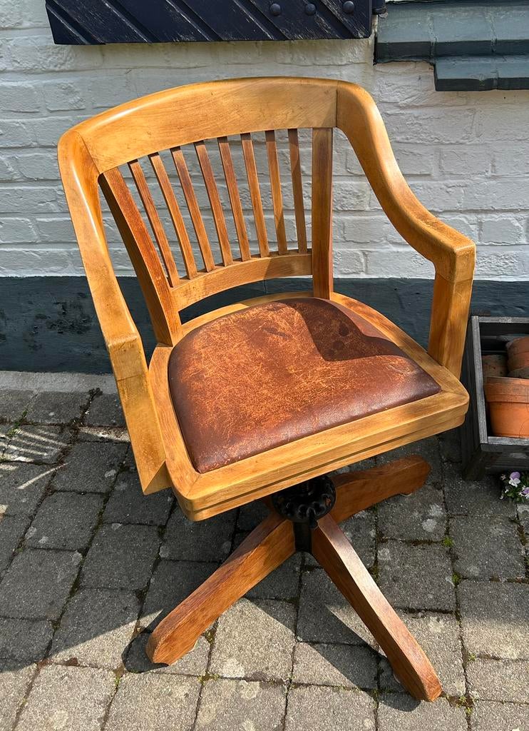 Vintage bureaustoel met armleuningen – hout & leder, Ophalen