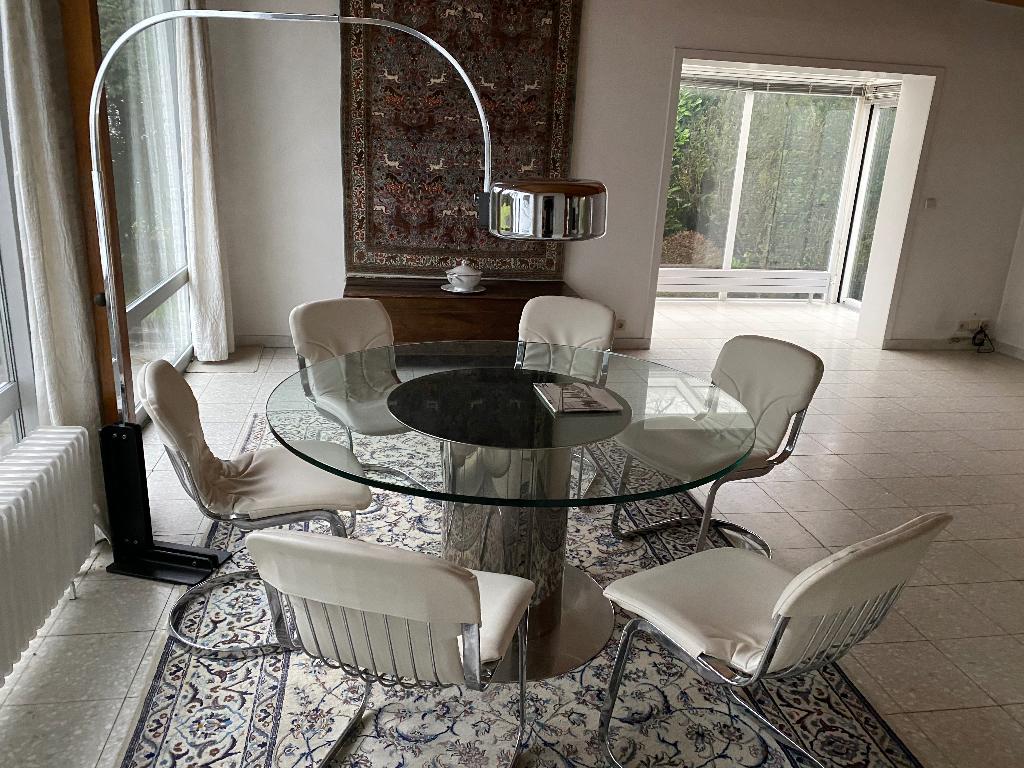 Table Cidonio Astori + Chaises Rizzo + Lampe Reggiani ITALIE, Maison & Meubles, Enlèvement, Comme neuf, Verre