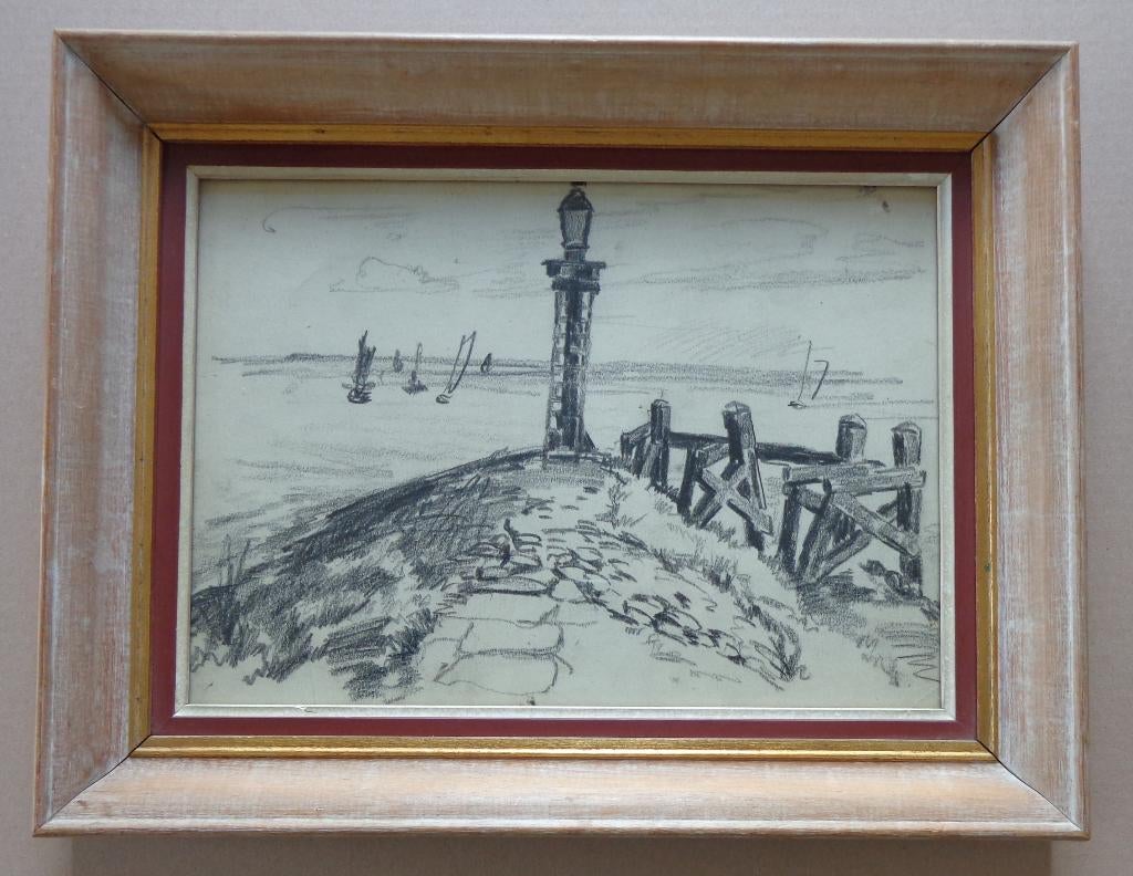 JULIEN CREYTENS / VUURTOREN / ORIGINEEL WERK / 35x44cm KADER, Enlèvement ou Envoi