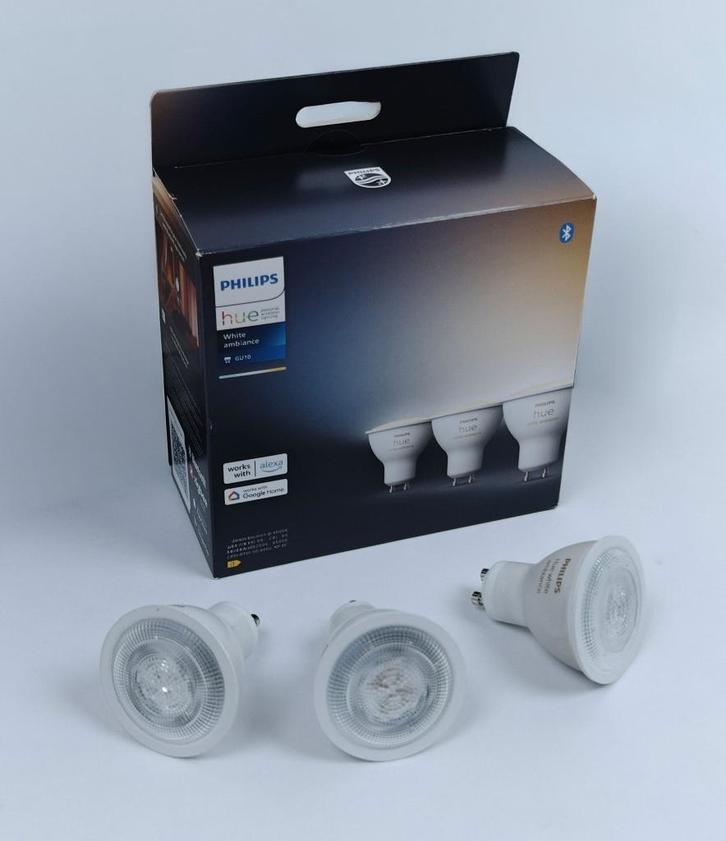 3 x GU10 Philips Hue White Ampiance spots (+ Bridge), Huis en Inrichting, Lampen | Spots, Zo goed als nieuw, Plafondspot of Wandspot