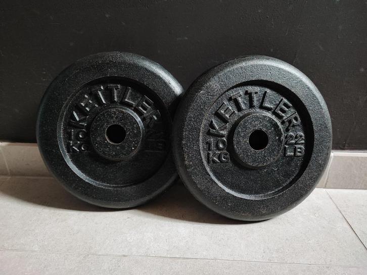 2 x 10kg Halterschijven van Kettler (30mm)., Sport en Fitness, Fitnessmaterialen, Gebruikt, Halterschijven, Armen, Benen, Borst