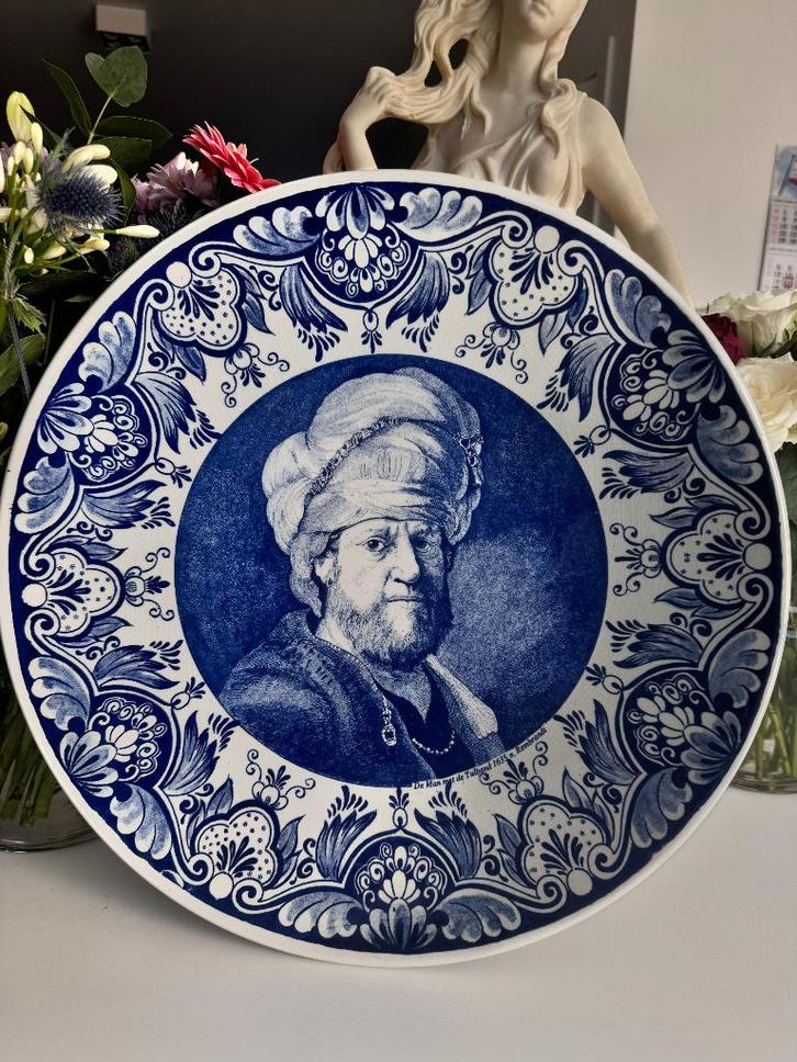 Vintage XL Delfts blauw bord "Man met tulband», Chemkefa, Antiquités & Art, Antiquités | Céramique & Poterie, Enlèvement