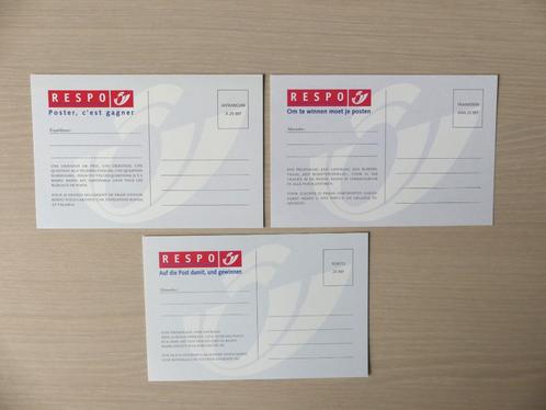 3 briefkaarten RESPO NL - FR - D - Om te winnen moet je post, Postzegels en Munten, Postzegels | Europa | België, Ophalen of Verzenden