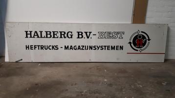 Reclame bord Halberg Heftrucks oud hout 2 stuks 