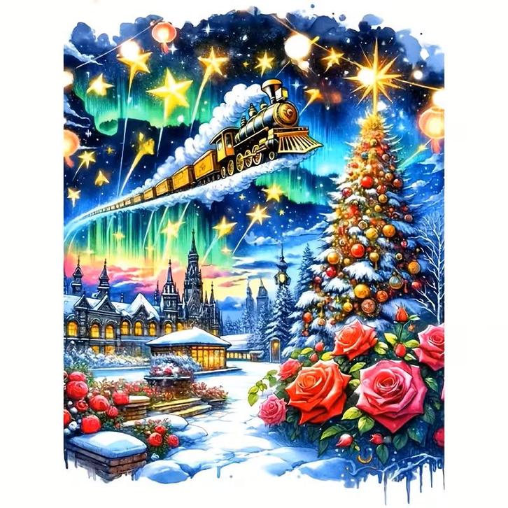 Diamond Painting kerst trein 50x40cm (rond), Hobby en Vrije tijd, Knutselen, Nieuw, Knutselwerk, Verzenden