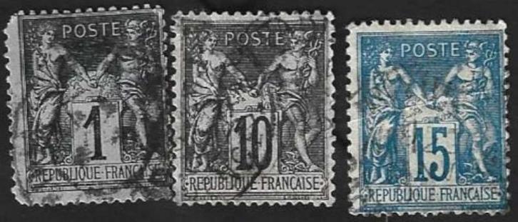 3 Postzegels Frankrijk 1877 Vrede en handel [Type II Sage], Postzegels en Munten, Postzegels | Europa | Frankrijk, Gestempeld