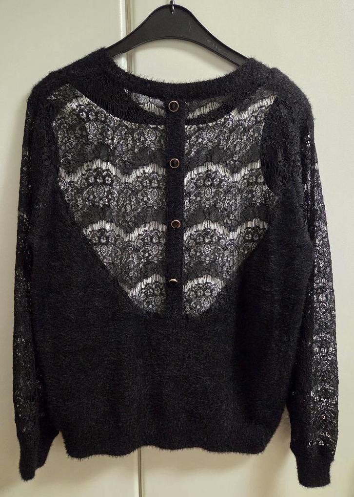 Zwarte trui met ronde hals en kanten mouwen, maat M, Kleding | Dames, Gelegenheidskleding, Zo goed als nieuw, Maat 38/40 (M), Zwart