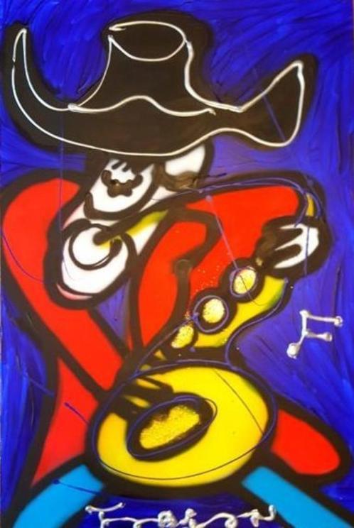 " Mr Sax " Acrylschilderij van Fabian, Antiquités & Art, Art | Peinture | Moderne, Enlèvement ou Envoi