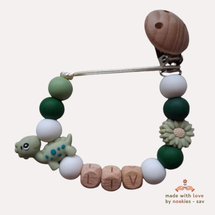 noekies naam speenkoord dino bloem khaki wit, Kinderen en Baby's, Speelgoed | Babyspeelgoed, Nieuw, Overige typen, Verzenden