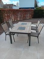 Tuintafel +4 stoelen in alumium+hout in goede staat., Tuin en Terras, Tuintafels, Ophalen, Gebruikt, Rechthoekig, Aluminium