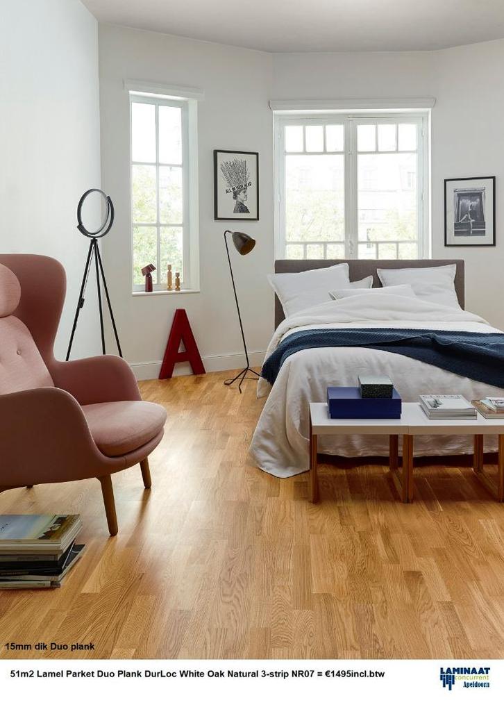 62m2 Lamel Parket Oak Natural 2-strip 14mm dik NR02 = €1670, Huis en Inrichting, Stoffering | Vloerbedekking, Nieuw, Parket, Bruin