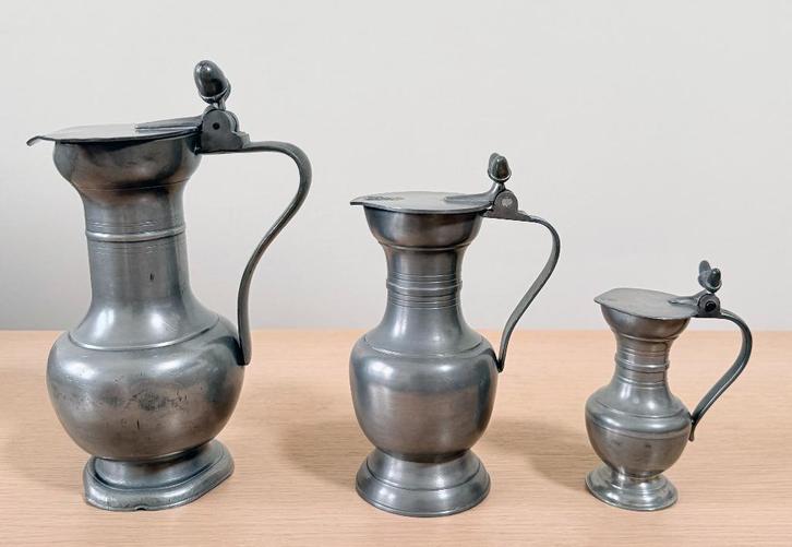 Set van 3 Franse eikeltjeskannen / eikelkan / klepkan / tin, Antiek en Kunst, Antiek | Tin, Ophalen of Verzenden