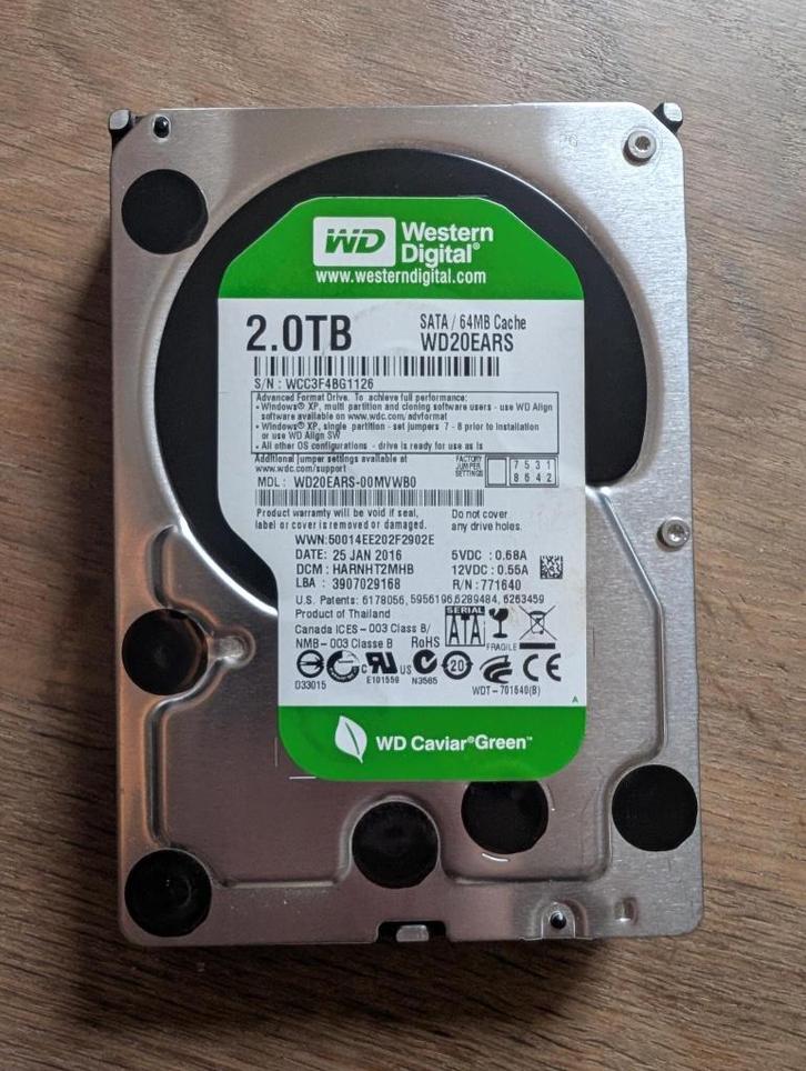 Western Digital 2TB Green HDD (3.5"), Computers en Software, Harde schijven, Gebruikt, Desktop, Intern, HDD, SATA, Ophalen of Verzenden