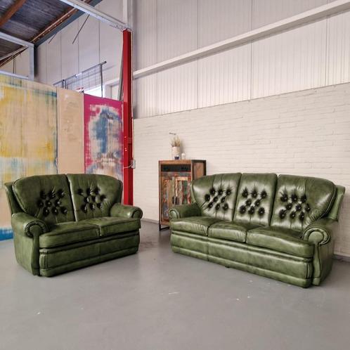 Haeck 2-Zits Timeless Chesterfield Bank – Antiek Groen, Leer, Antiek en Kunst, Antiek | Meubels | Stoelen en Sofa's, Ophalen of Verzenden