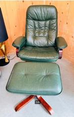 Fauteuil met voetsteun/poef - groen leer - kantelmogijkheid, Huis en Inrichting, Fauteuils, Ophalen, Gebruikt, Leer