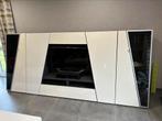 Meuble TV + 2 colonnes vitrées avec éclairage LED, Ophalen, Moderne laqué, Zo goed als nieuw, 200 cm of meer