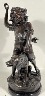 bronze enfant et son chien signe, Antiquités & Art, Enlèvement ou Envoi, Bronze