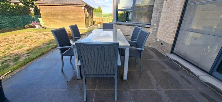 Terrastafel met 6 stoelen en 6 kussens, Tuin en Terras, Tuintafels, Gebruikt, Rechthoekig, Kunststof, Ophalen