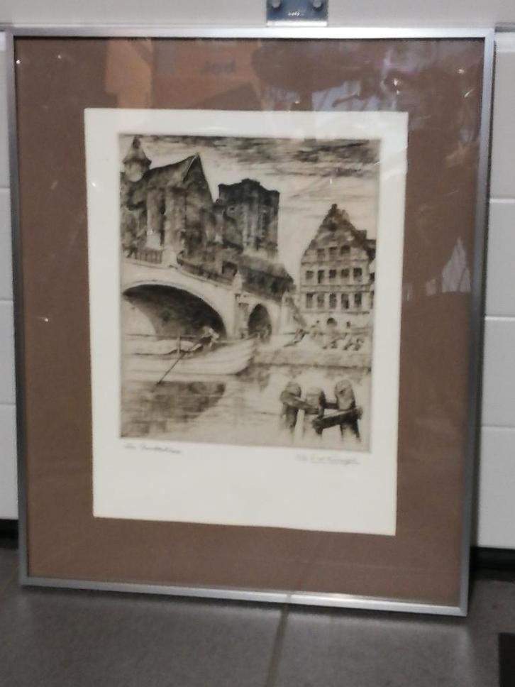 G.Langie: ets; 'De Boottrekkers', Gentse kunstenaar, Antiek en Kunst, Kunst | Etsen en Gravures, Ophalen of Verzenden