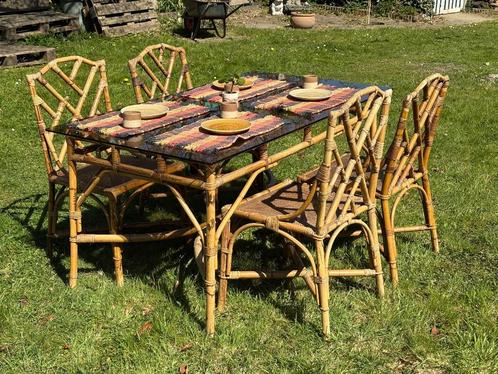 Rotan Eettafel met Stoelen, Huis en Inrichting, Tafels | Eettafels, Gebruikt, Vier personen, Rechthoekig, Glas, Overige materialen