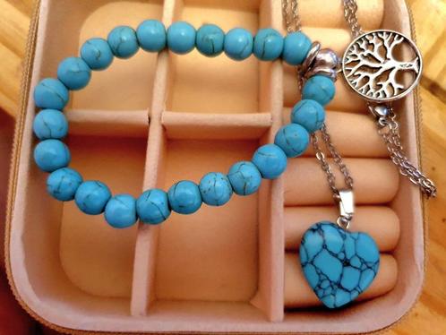 Collier coeur pierre turquoise + bracelet, Handtassen en Accessoires, Kettingen, Nieuw, Zilver, Overige kleuren, Met edelsteen