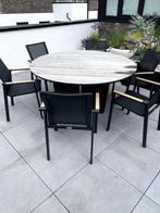Te gebruiken zeer ronde tafel in grijs teakhout + 6 aluminiu, Tuin en Terras, Tuinsets en Loungesets, Ophalen, 6 zitplaatsen, Zo goed als nieuw