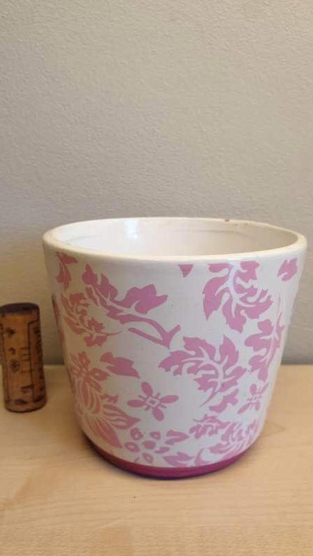 Bloempot, wit, roze print, hoogte 9cm, binnen diameter 9,5cm, Tuin en Terras, Bloempotten, Binnen, Ophalen