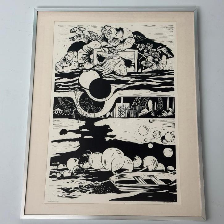 Linosnede ‘Zeepdrrom’ door Bernadette Vereecke, Antiek en Kunst, Kunst | Beelden en Houtsnijwerken, Ophalen of Verzenden