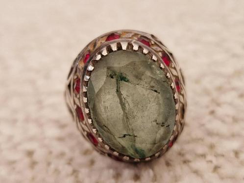 herenring  Sterling zilver met Zambiaanse smaragd en robijn, Handtassen en Accessoires, Ringen, Gebruikt, Heer, 19 tot 20, Groen