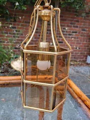 Zeshoekige hanglamp van goudkleurig metaal en rookglas beschikbaar voor biedingen