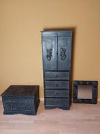 Handgemaakte Indonesisch set van kastje, kist en spiegel, Ophalen, Gebruikt, Overige houtsoorten