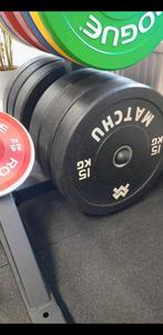 Squat rack + bumper plates 150kg + olympische barbell 20kg, Sport en Fitness, Fitnessmaterialen, Ophalen, Zo goed als nieuw