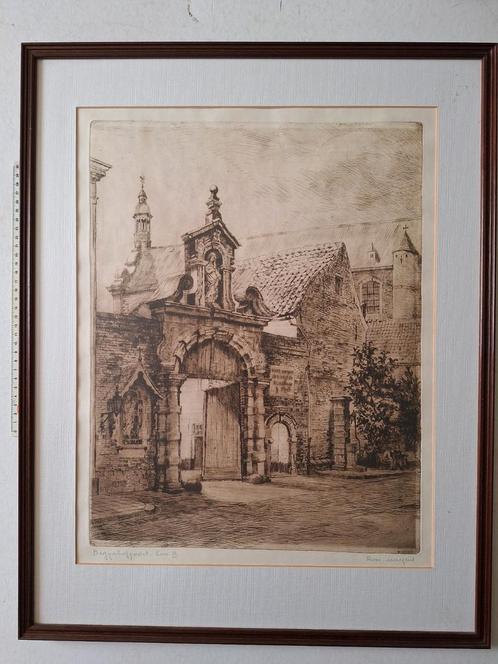 Grote ets in bister Romain Malfliet "Begijnhofpoort Lier", Antiek en Kunst, Kunst | Etsen en Gravures, Ophalen