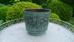 Vintage bloempot terracotta brons groen patina Sgraffito, Ophalen of Verzenden, Rond, Terracotta, Binnen