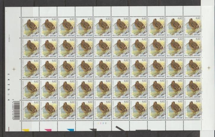 België 2003 Watersnip € 0.02 volledig vel plaat 2 **, Postzegels en Munten, Postzegels | Europa | België, Postfris, Orginele gom