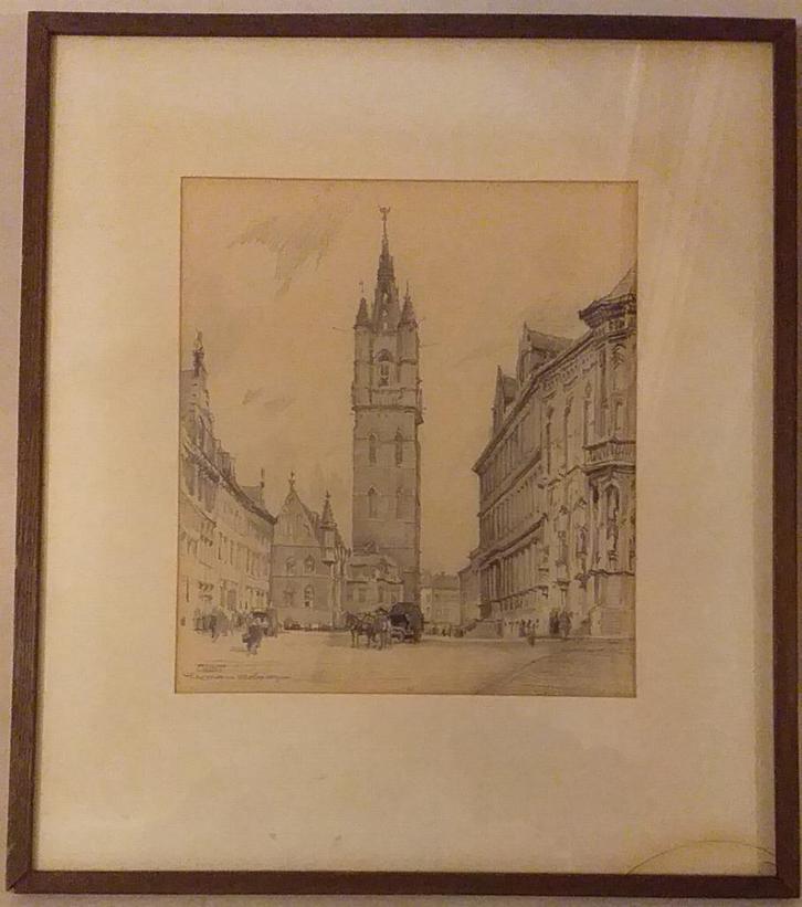 Herman Verbaere - Belfort Gent - potlood & houtskool, Antiek en Kunst, Kunst | Tekeningen en Fotografie, Ophalen of Verzenden
