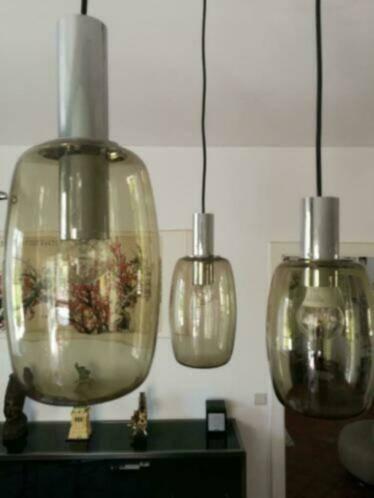 Pendant Lamp Vintage OTT Lampe Chrome Verre, Huis en Inrichting, Lampen | Hanglampen, Zo goed als nieuw, Glas, Metaal, Ophalen