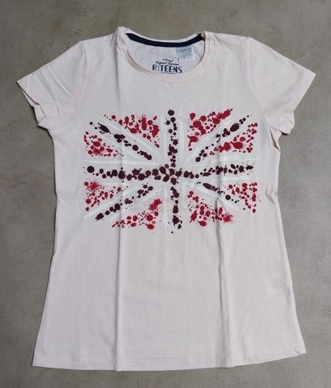 Lichtroze t-shirt met Union Jack (maat 140 - 10 jaar), Kinderen en Baby's, Kinderkleding | Maat 140, Gebruikt, Meisje, Ophalen of Verzenden