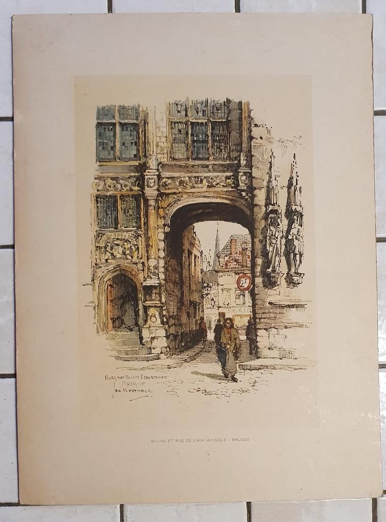 Tekening Jan Korthals (1916-1972) Voorstelling van Brugge, Antiek en Kunst, Kunst | Tekeningen en Fotografie, Ophalen of Verzenden