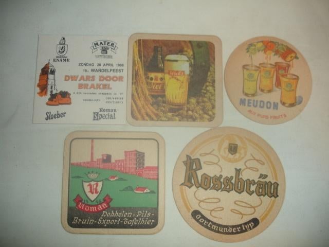 5 oude viltjes, 2 x Roman, Meudon, Wiel's en Rossbräu, Verzamelen, Biermerken, Zo goed als nieuw, Viltje(s), Overige merken, Ophalen of Verzenden
