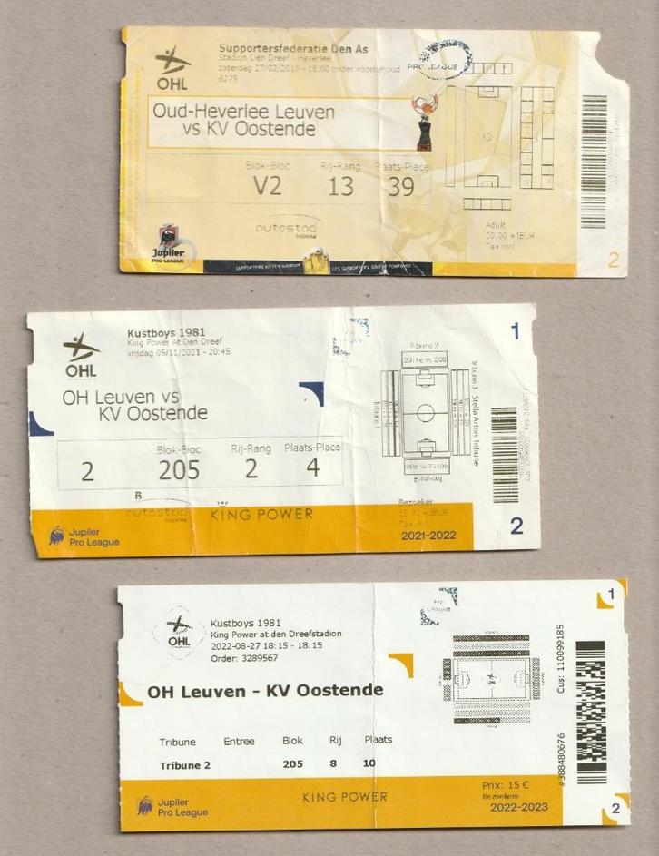 3 versch (gebruikte) tickets Leuven - Oostende (2016-2022), Verzamelen, Sportartikelen en Voetbal, Gebruikt, Overige typen, Ophalen of Verzenden