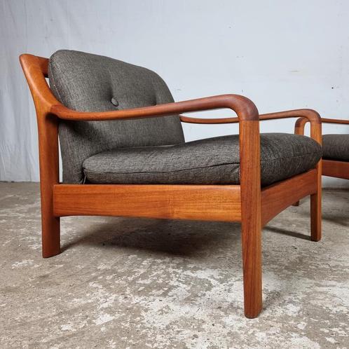 Vintage jaren 60 Deense easy chair, lounge stoel teak 60's, Maison & Meubles, Fauteuils, Utilisé, Bois, Tissus, Enlèvement ou Envoi