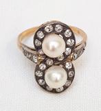 Bague vintage en perles de 14 carats et diamant., Avec pierre précieuse, Or, Enlèvement ou Envoi, Bague