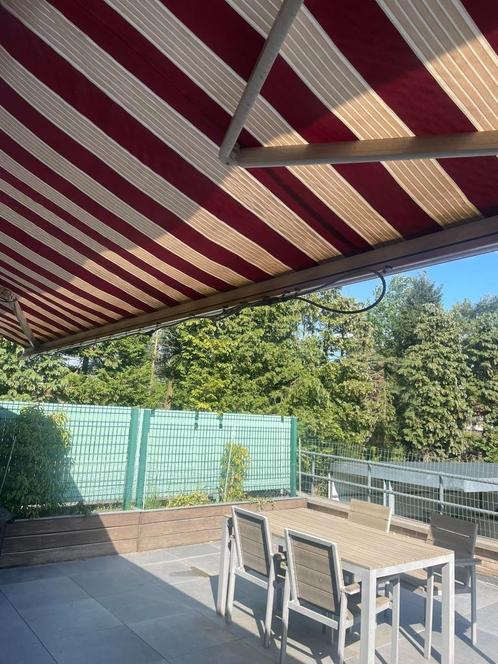 zonnewering 5m breed, rood-wit doek, Tuin en Terras, Schaduwdoeken, Gebruikt, Ophalen