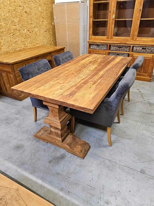 Mooie zware massief teakhouten kloostertafel  2m.+ 4 stoelen, Maison & Meubles, Tables | Tables à manger, Enlèvement