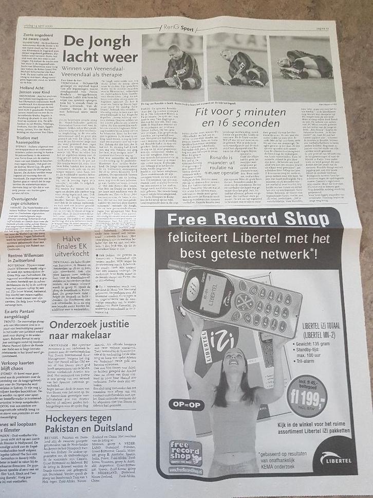 Voetbal: Rentree Ronaldo uitgevallen bij Inter (krant 2000), Verzamelen, Tijdschriften, Kranten en Knipsels, Knipsel(s), Verzenden