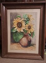 Grote houten kader met zonnebloemen achter glas, Ophalen